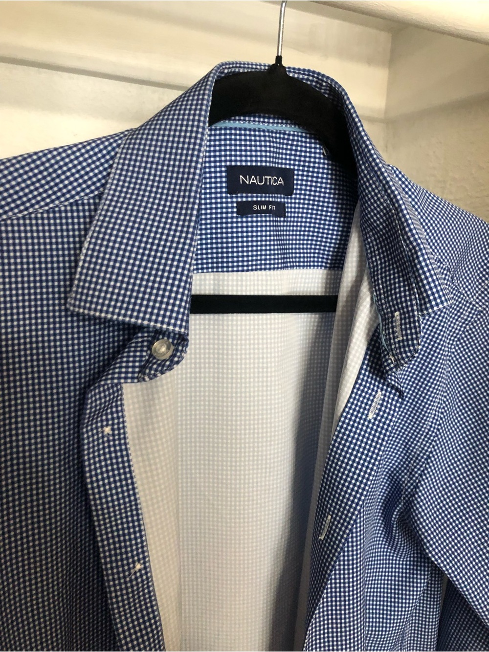 Nautica Blue and White Micro Gingham Slim Fit Dress Shirt